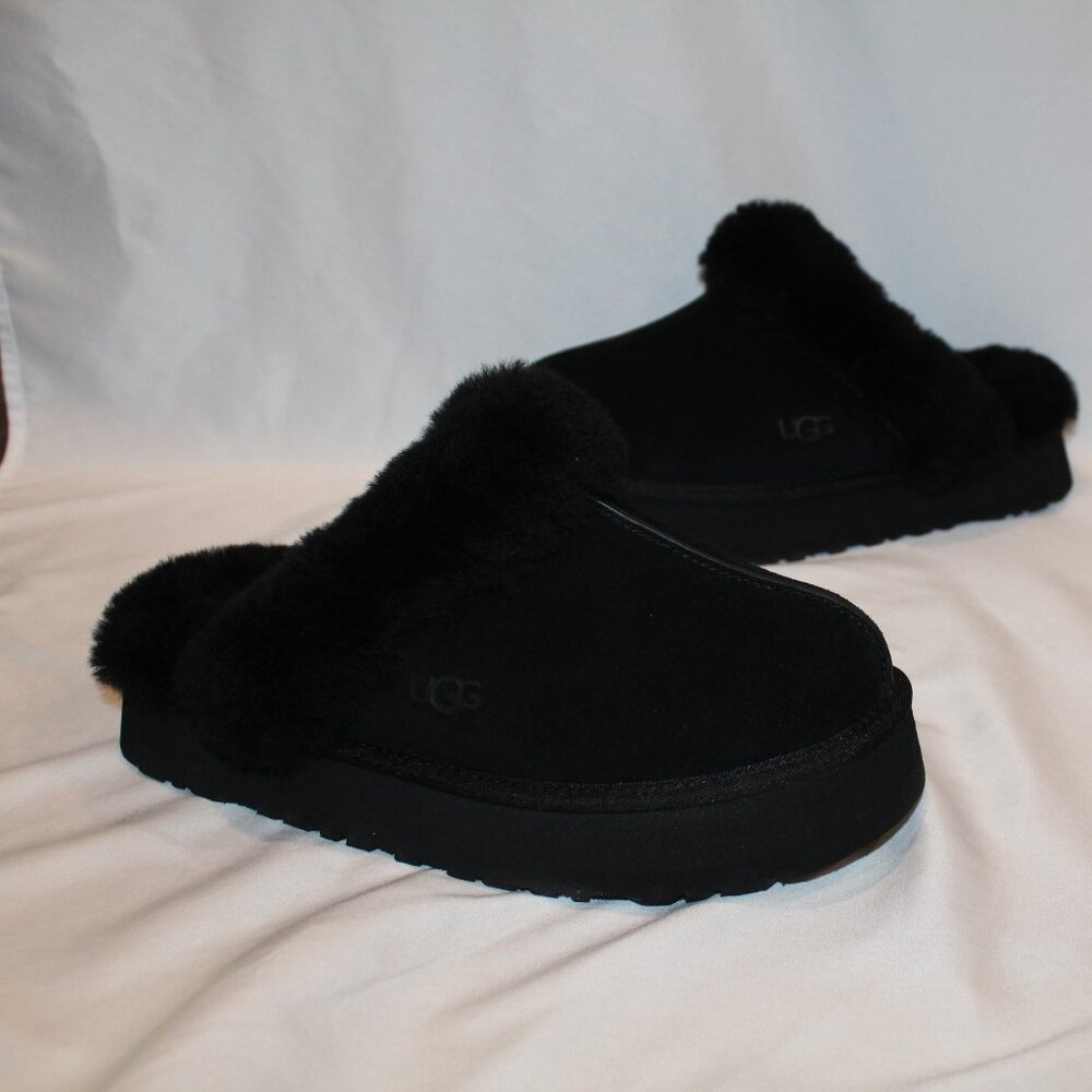 NEW UGG WOMEN'S DISQUETTE SUEDE SHEARLING CUFF LINED SLIPPERS BLACK SZ‎ 9
